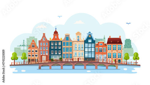 Amsterdam canal houses vector illustration european architecture dutch cityscape travel scenery design
