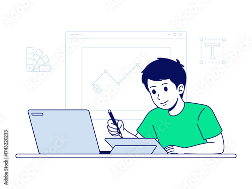Cartoon illustration of a male graphic designer and illustrator