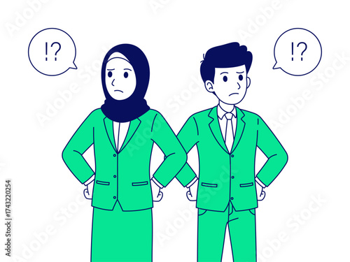 Cartoon illustration of confused businessman and muslim businesswoman