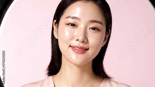 Radiant Asian Woman Smiling in Studio with Pink Backdrop.
