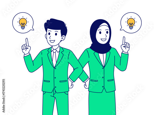 Cartoon illustration of happy business man and woman finding an idea or solution