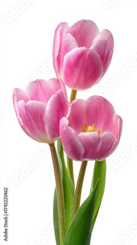 A close-up view of three pink tulips with vibrant petals and green leaves, showcasing their beauty and elegance against a white background.