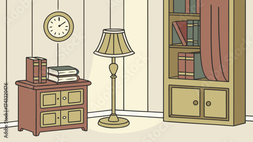 Illustration of cozy living room interior with bookcase lamp clock and books for design and decoration
