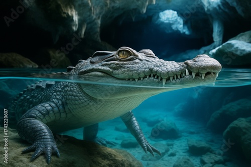 Wallpaper Mural Realistic crocodile half-submerged in clear water inside a cave with dramatic lighting and rocky background, symbolizing wild nature concept. Ai generative Torontodigital.ca