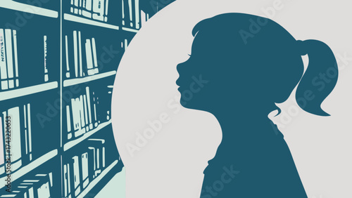 Silhouette of girl reading in library books education knowledge learning study literature student