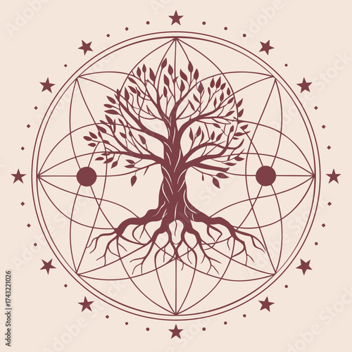 Sacred geometry tree of life roots stars mandala vector illustration scalable eps