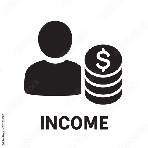 Black silhouette of person icon next to stack of coins with dollar sign and word income money