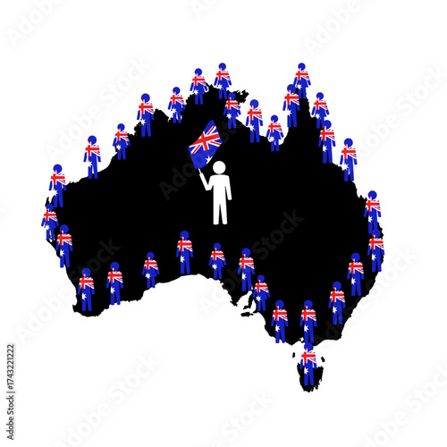australia map with civilians on border and a human holding flag in the middle.eps