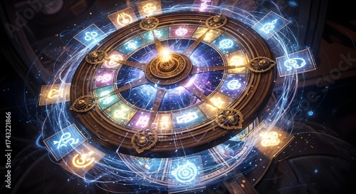 A mystical zodiac wheel with celestial symbols, representing our cosmic connection and destiny