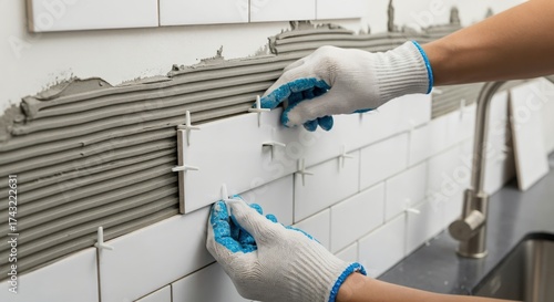 Person installing white subway tiles on a kitchen backsplash with adhesive and spacers during a home renovation project