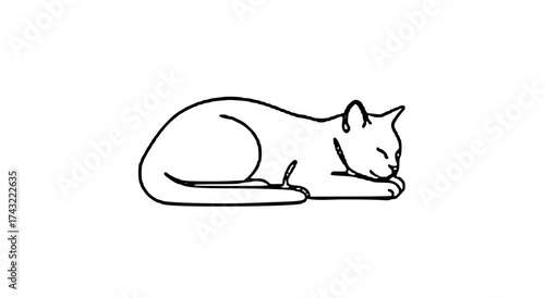 A simple line drawing of a cat curled up and sleeping peacefully on a white background.