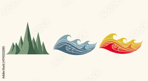 A stylized vector illustration set of nature's fundamental elements, featuring earth, water, and fire as mountains and waves with intricate patterns