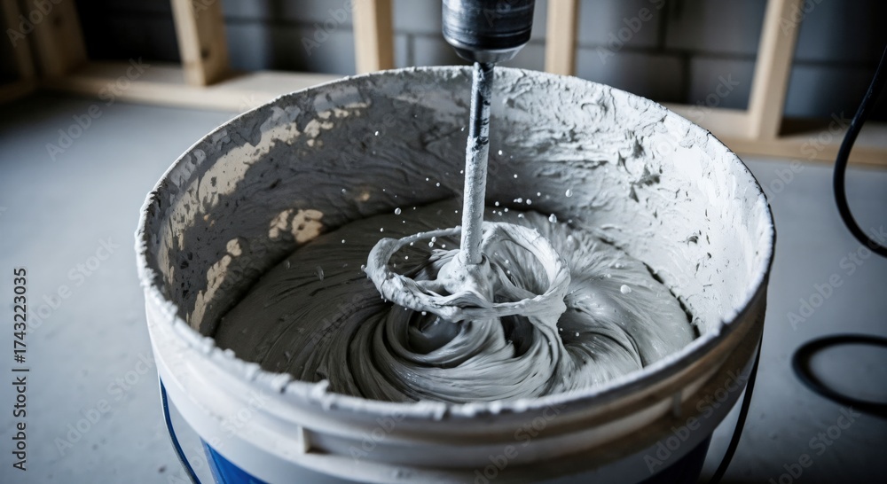 Fototapeta premium Close-up of a power drill mixing grey mortar or plaster in a white bucket on a construction site, preparing material for renovation work.