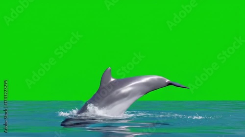 Dynamic dolphin leaping from blue water with splashes, isolated on a vibrant green screen for easy compositing and visual effects.