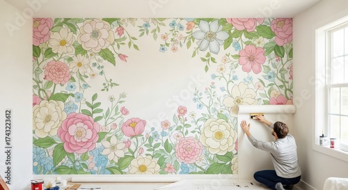 Man installing vibrant floral wallpaper with large pink and yellow flowers in a bright room, home improvement project.