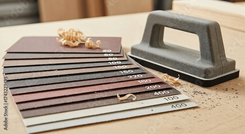 Wallpaper Mural Assortment of sandpaper sheets with various grit levels and a hand sanding block on a wooden workbench with wood shavings Torontodigital.ca