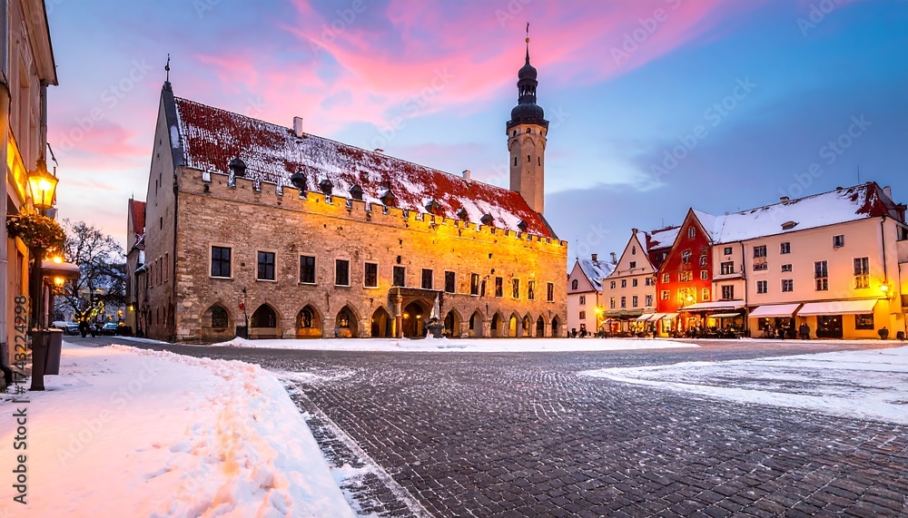 Fototapeta premium Medieval town hall in a snowy square at twilight