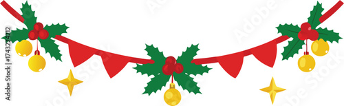 Festive evergreen garland with red bunting and yellow ornaments vector illustration scalable eps
