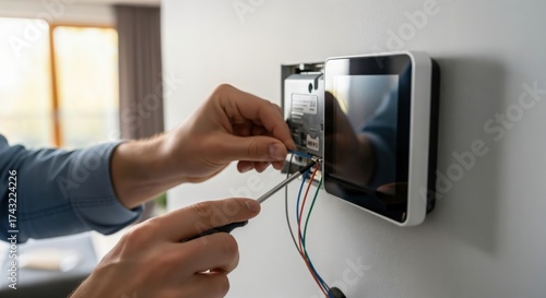 Close-up of a person's hands using a screwdriver to install or repair a modern smart home control panel with colorful wires on a white wall, highlighting technology setup and maintenance.