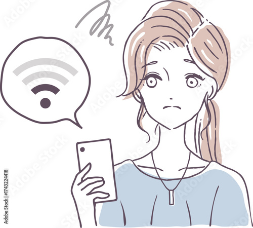 スマホのWi-Fiが繋がらない　イライラする女性　ベクターイラスト素材