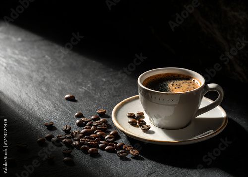 Dark moody style coffee cup spotlighted on black surface, dramatic lighting, copy space on left.