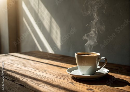 A white ceramic mug filled with black coffee on beige background, clean modern aesthetic, copy space for text.