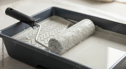 Fototapeta Naklejka Na Ścianę i Meble -  Close-up of a paint roller resting in a gray tray filled with light white paint, ready for home improvement and DIY projects.