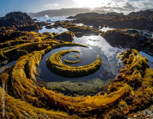 Spiral rock pool, kelp, ocean