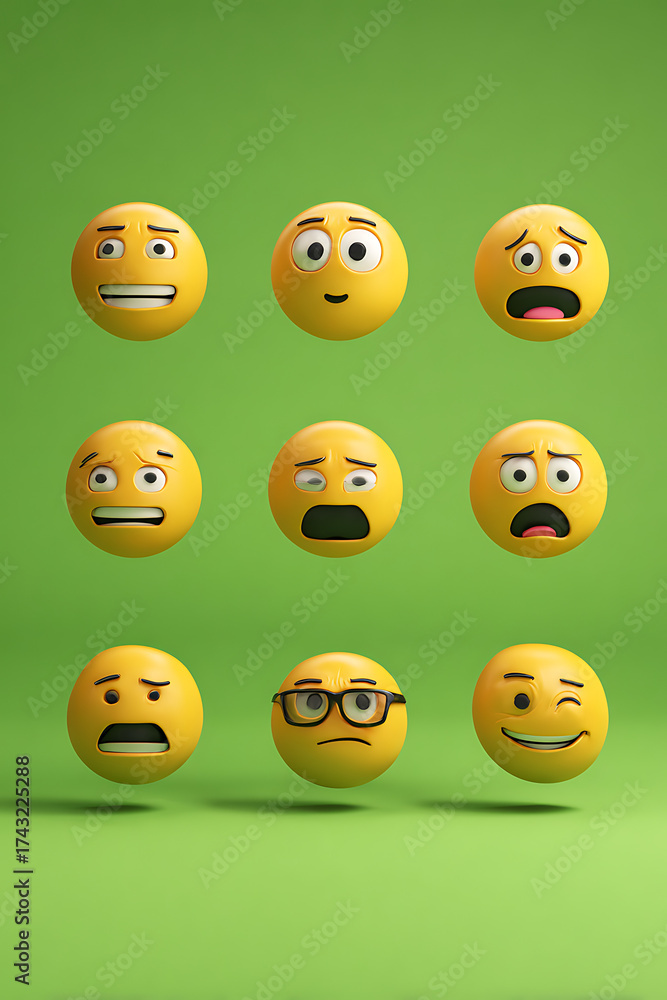 Obraz premium A vibrant display of nine emoticons expressing various emotions against a bright green background