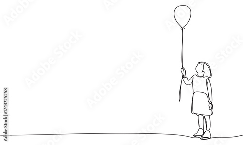 A child gazing upward, holding a floating balloon in a minimalist style