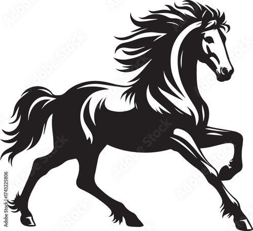 Running black horse vector silhouette illustration of a wild mustang or stallion