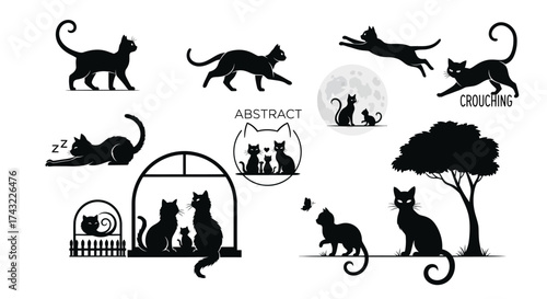 Collection of black cat silhouettes in various poses and scenes, including walking, sleeping, jumping, and interacting with each other and the environment.