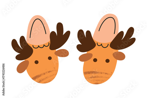 Cute winter slippers with reindeer antlers, flat cartoon vector illustration for Christmas design, cozy holiday accessory, warm seasonal home footwear for decoration, and festive compositions