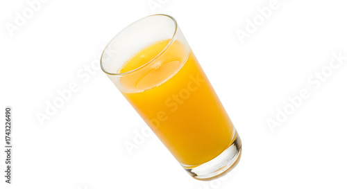 A tall glass filled with fresh, vibrant orange juice, tilted slightly Isolated on transparent background, png.