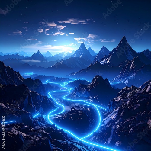 Night landscape with mountain range and luminous lines