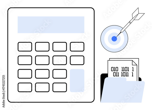 Calculator alongside binary code files in a folder and a bullseye with an arrow signify calculations, data management, and achieving accuracy. Ideal for analytics, coding, finance, strategy