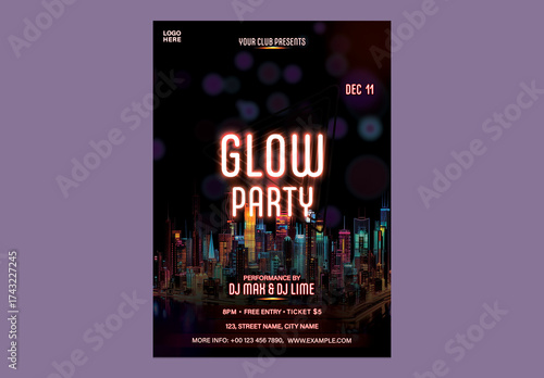 Editable Glow Party Flyer Template with Event Details for Disco, Club and Upcoming Night Events.