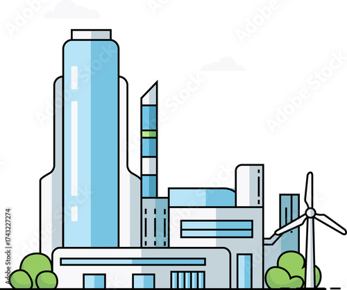 Illustration of modern eco city with smart green buildings wind turbine clean energy and sustainable urban architecture for environmental concept design