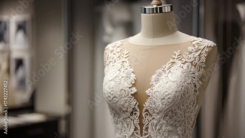 White wedding dress with lace trim displayed on mannequin in salon  
