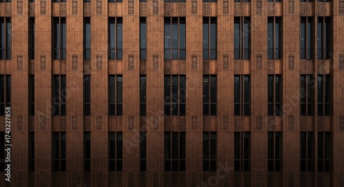 Modern Brown Building Facade with Vertical Windows and Decorative Panels