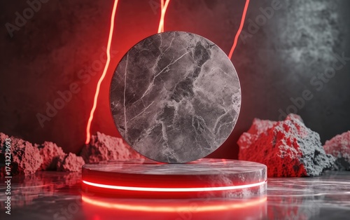Dark grey marble disc rests on a red neon lit marble platform amidst stylized rock formations providing a dramatic product display