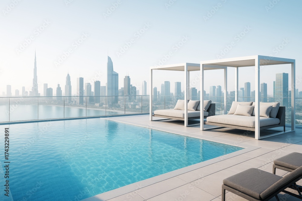 Naklejka premium Luxurious rooftop pool area with modern loungers and cabanas overlooking a futuristic skyline in soft daylight ambiance. Ai generative. Ai generative