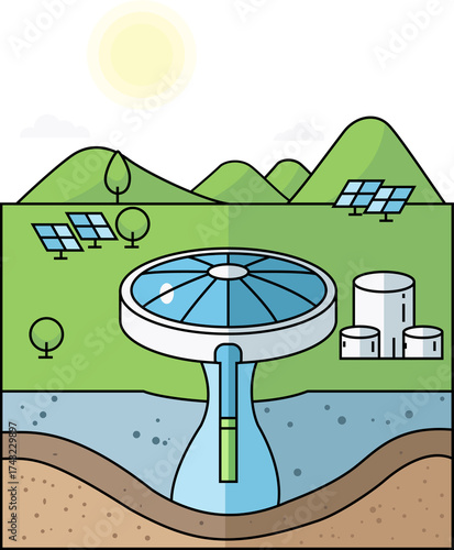 Illustration of sustainable water energy system with solar panels clean technology renewable resource and eco environment for green energy concept design