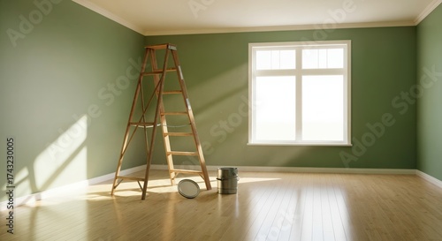 Fototapeta Naklejka Na Ścianę i Meble -  Bright and empty room with freshly painted sage green walls, a wooden step ladder, and paint cans, ready for home renovation and interior design project