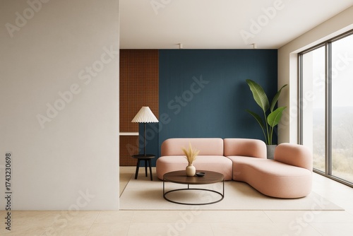 Modern minimalist living room interior with pink sofa, round coffee table, large window, and accent wall with blue and wooden panel decor elements.