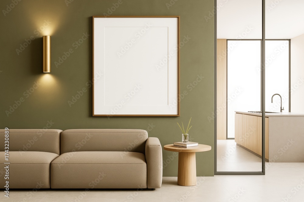 Fototapeta premium Contemporary living room interior with beige sofa, blank frame on olive wall, and minimalist kitchen in bright background. Ai generative.