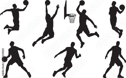 Dynamic Vector Silhouette Set of Male Basketball Players in Action Poses Collection Featuring Athletes Dunking, Dribbling, Jumping, and Shooting the Ball