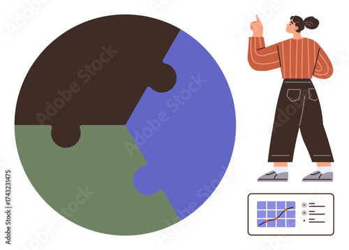 Puzzle-shaped globe with three segments, woman pointing upward, data chart visual. Ideal for teamwork, global strategy, analysis, growth, problem-solving education sustainability. Simple flat