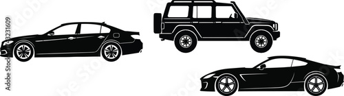 Collection of car silhouettes isolated on white background, featuring a sedan, suv, and sports car in sleek black