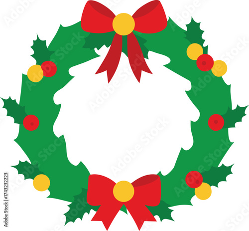Frosted pine needle and mistletoe wreath vector illustration for festive decorations